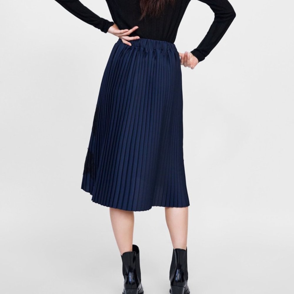 ZARA BLUE PLEATED MIDI SKIRT BLACK LACE DETAIL BRAND NEW WITH TAGS XS - Picture 6 of 9